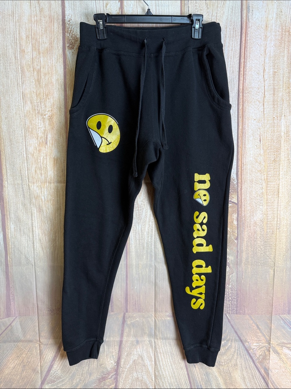 No Sad Days Unisex Black Jogger Pants with Yellow Graphics Adult Size Large
